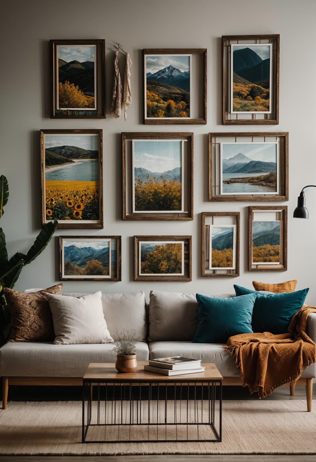 45 Chic & Modern Boho Living Room Ideas To Copy 70 32. Chic Window Frame Picture Display-1