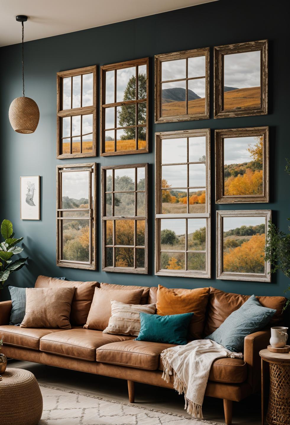 45 Chic & Modern Boho Living Room Ideas To Copy 71 32. Chic Window Frame Picture Display-2