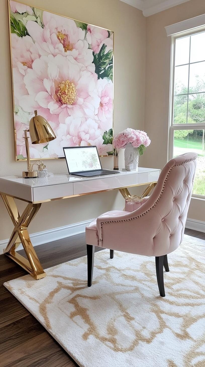 31 Home Office Ideas to Upgrade Your Work From Home Setup 62 22. Chic feminine office with floral wallpaper and gold accents-0