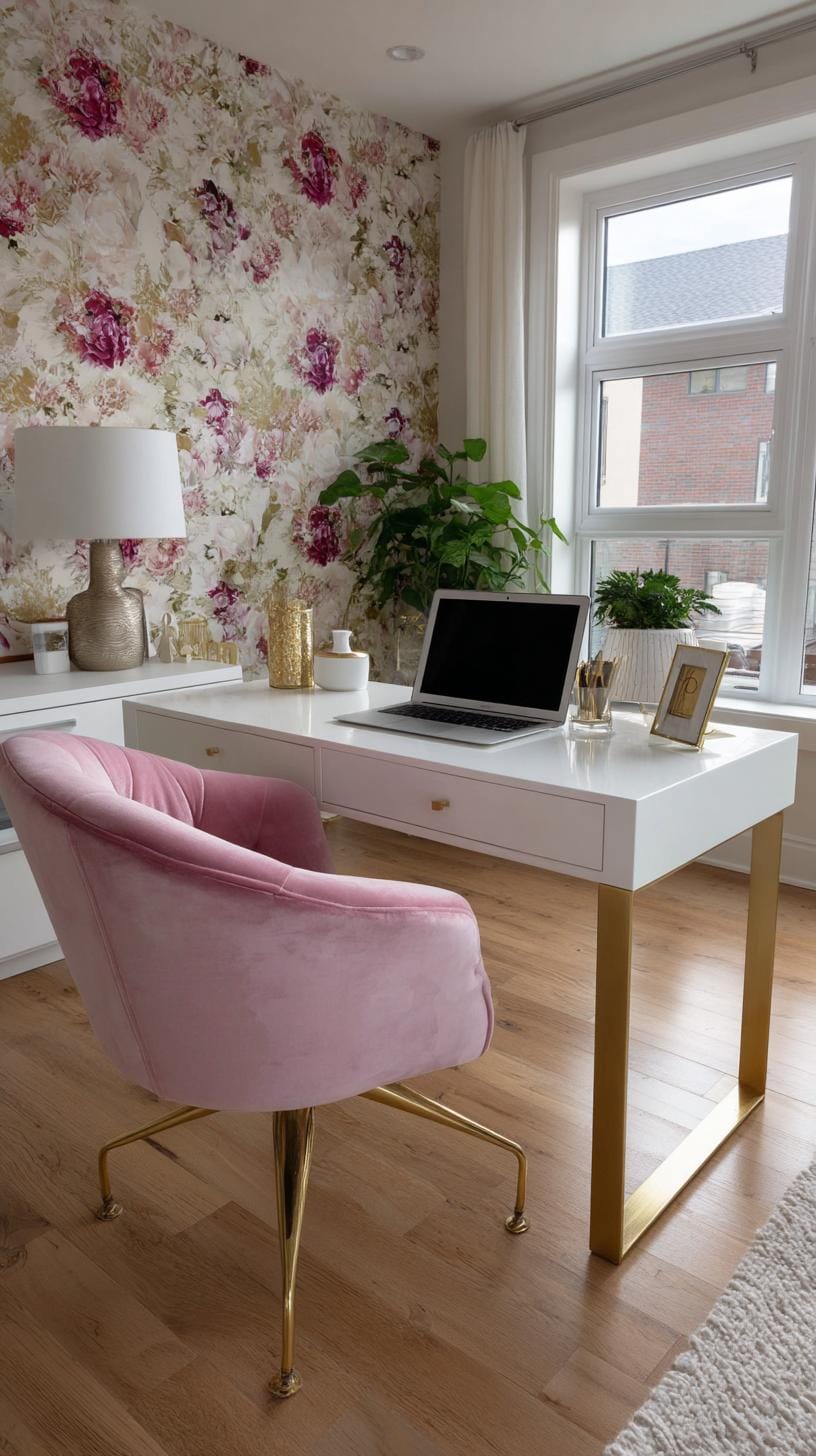 31 Home Office Ideas to Upgrade Your Work From Home Setup 63 22. Chic feminine office with floral wallpaper and gold accents-1