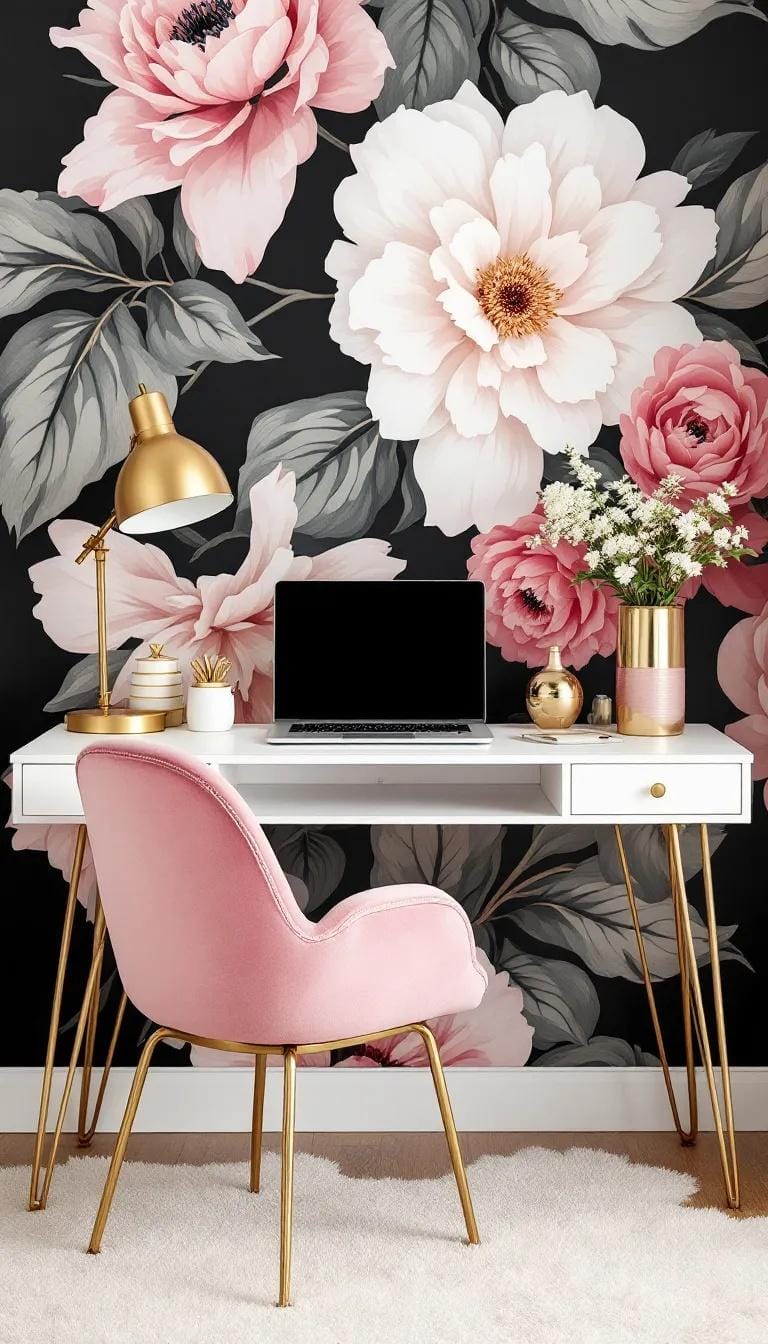 31 Home Office Ideas to Upgrade Your Work From Home Setup 64 22. Chic feminine office with floral wallpaper and gold accents-2