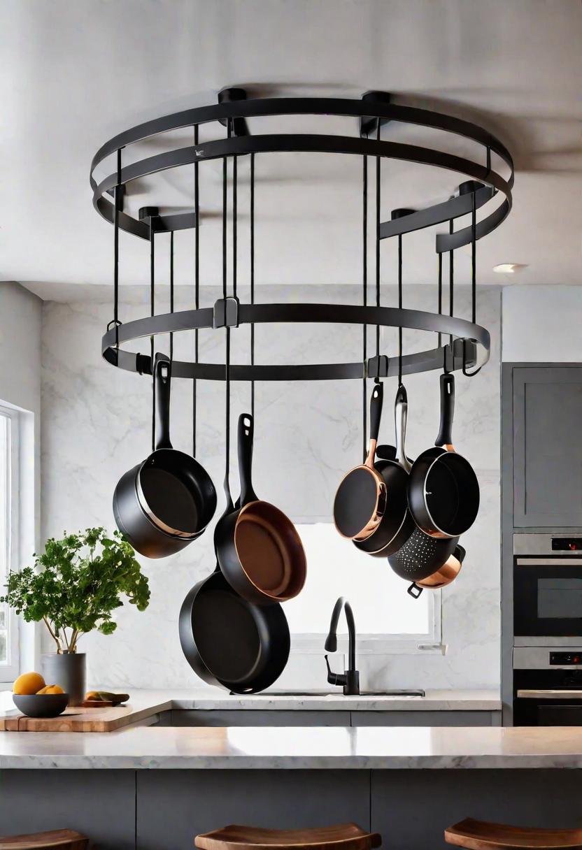 43 Inspiring Kitchen Decor Ideas: Stylish and Functional Accents 41 29. Circular Ceiling Pot Rack Design-0