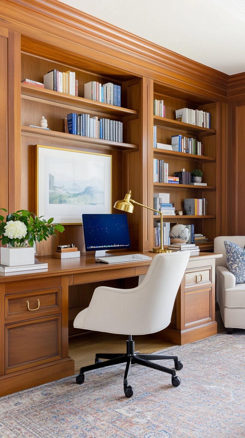 21 clever small office ideas for home and work areas 35 13. Work area in the classic library style with integrated book shelves
