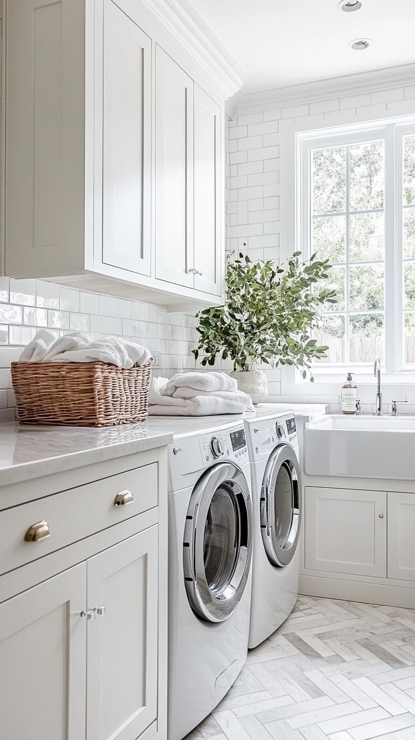 20 Genius Tiny laundry kitchen ideas: organization & stacked design 50 18. Classic white Shaker cabinets with fishbone flies