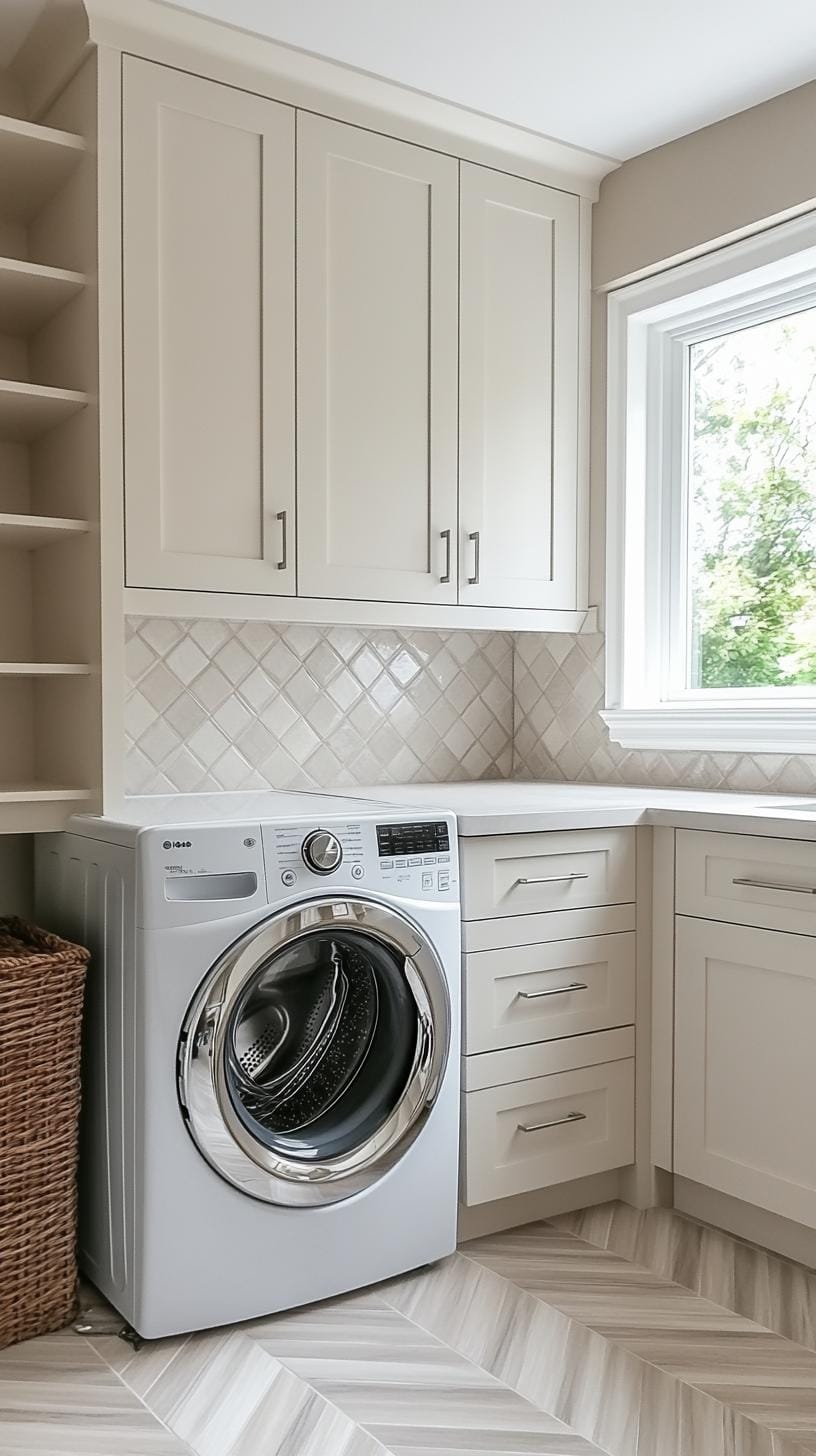 20 Genius Tiny laundry kitchen Ideas: Organization & Stacked Design 51 18. Classic white Shaker cabinets with fishbone fliesen flies-1
