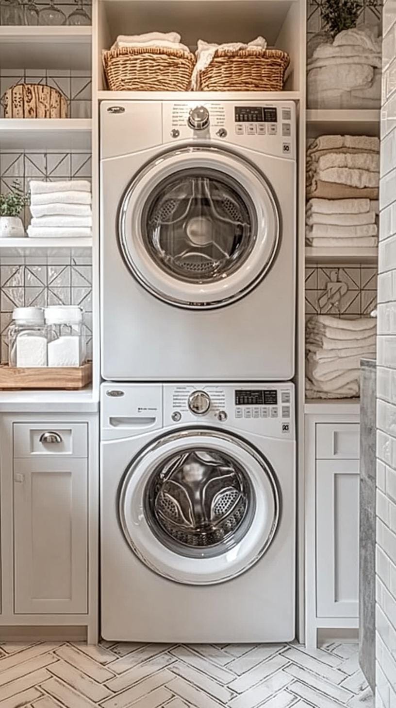 20 Genius Tiny laundry kitchen ideas: organization & stacked design 52 18. Classic white Shaker cabinets with fishing rod flies-2