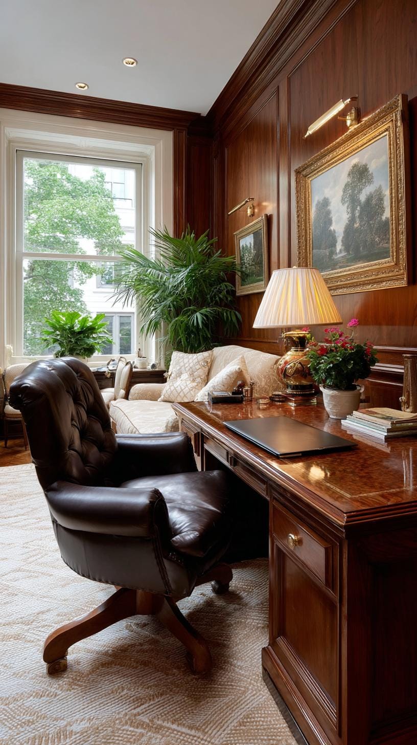 31 Home Office Ideas to Upgrade Your Work From Home Setup 46 16. Classic wood-paneled study with traditional furniture-0