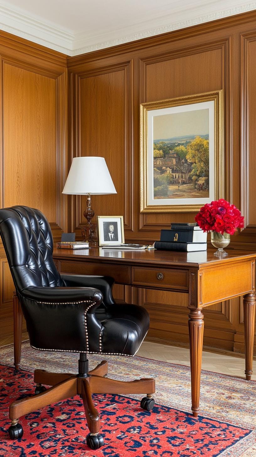 31 Home Office Ideas to Upgrade Your Work From Home Setup 47 16. Classic wood-paneled study with traditional furniture-1