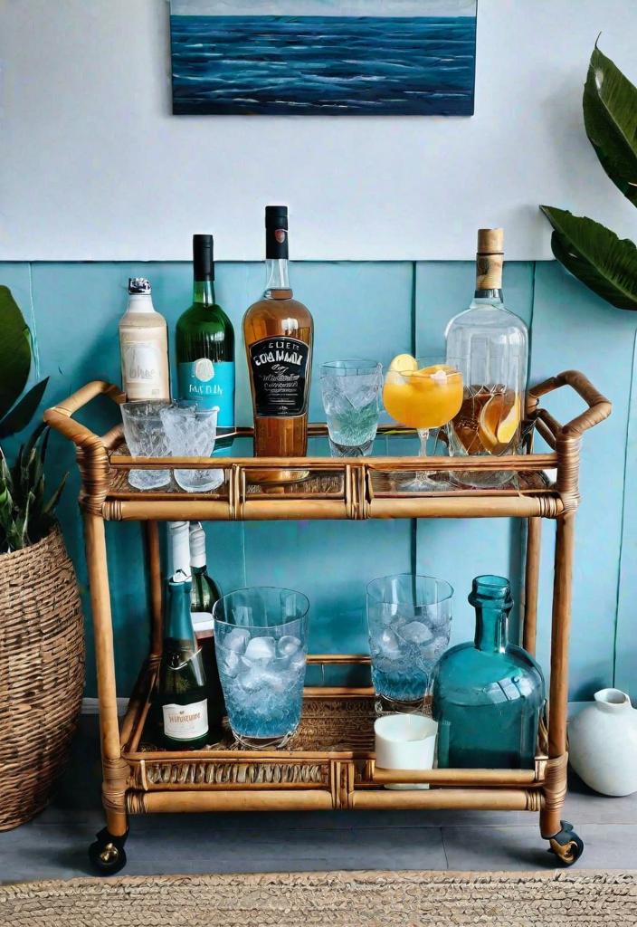 43 Inspiring Coastal Living Room Ideas 38 36. Coastal Bar Cart with Rattan-0