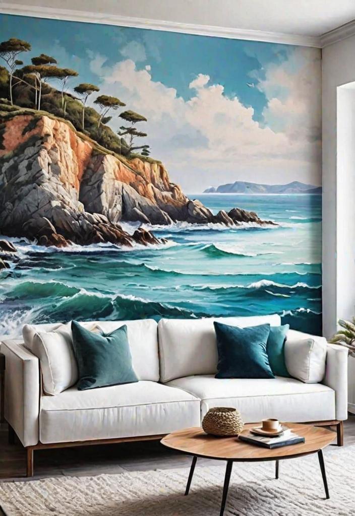 43 Inspiring Coastal Living Room Ideas 22 20. Coastal Mural Accent Walls-0