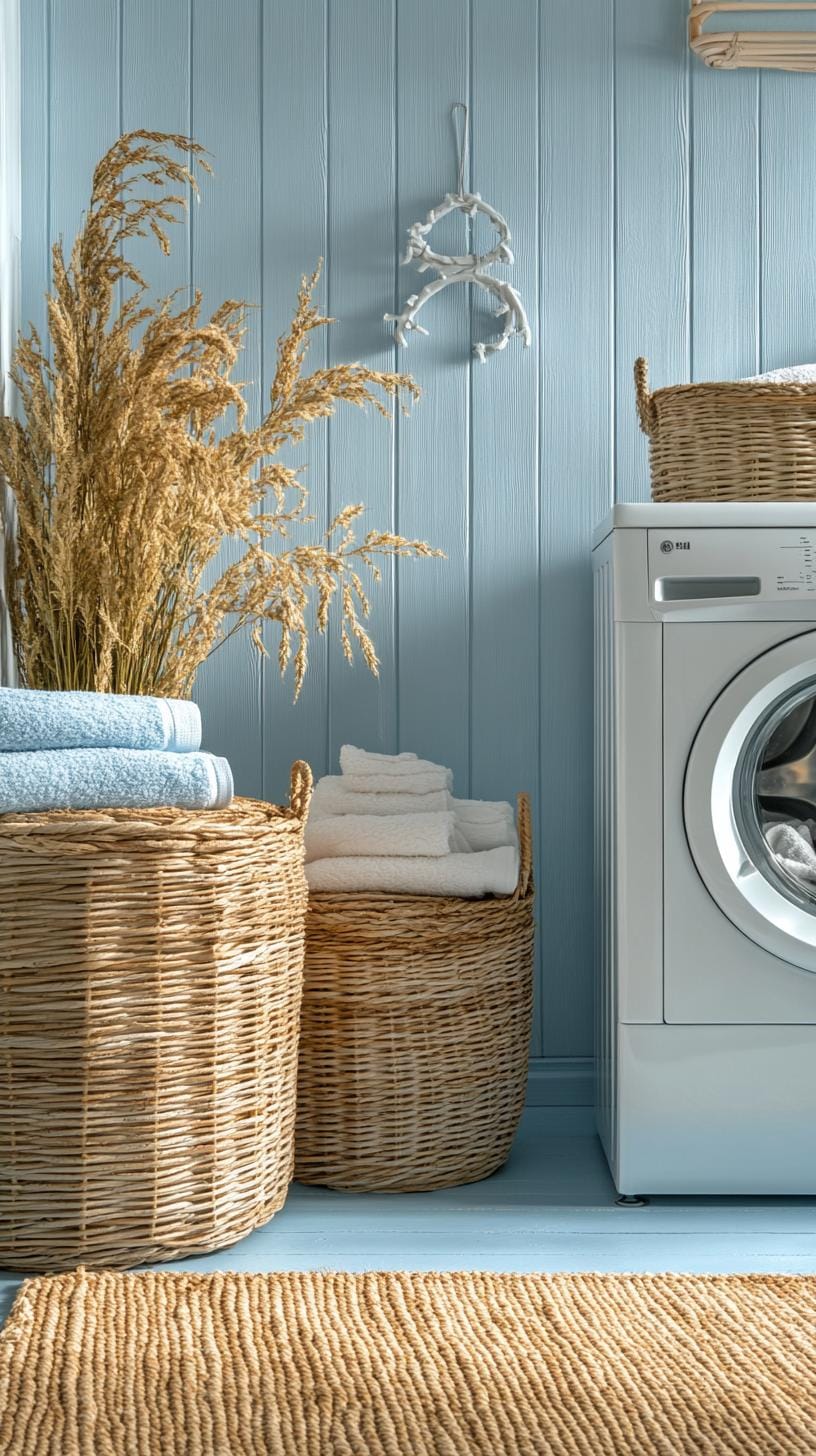 20 Genius Tiny laundry room ideas: organization & stacked design 37 14. Coastal-inspired laundry room with light blue beadboard walls-0