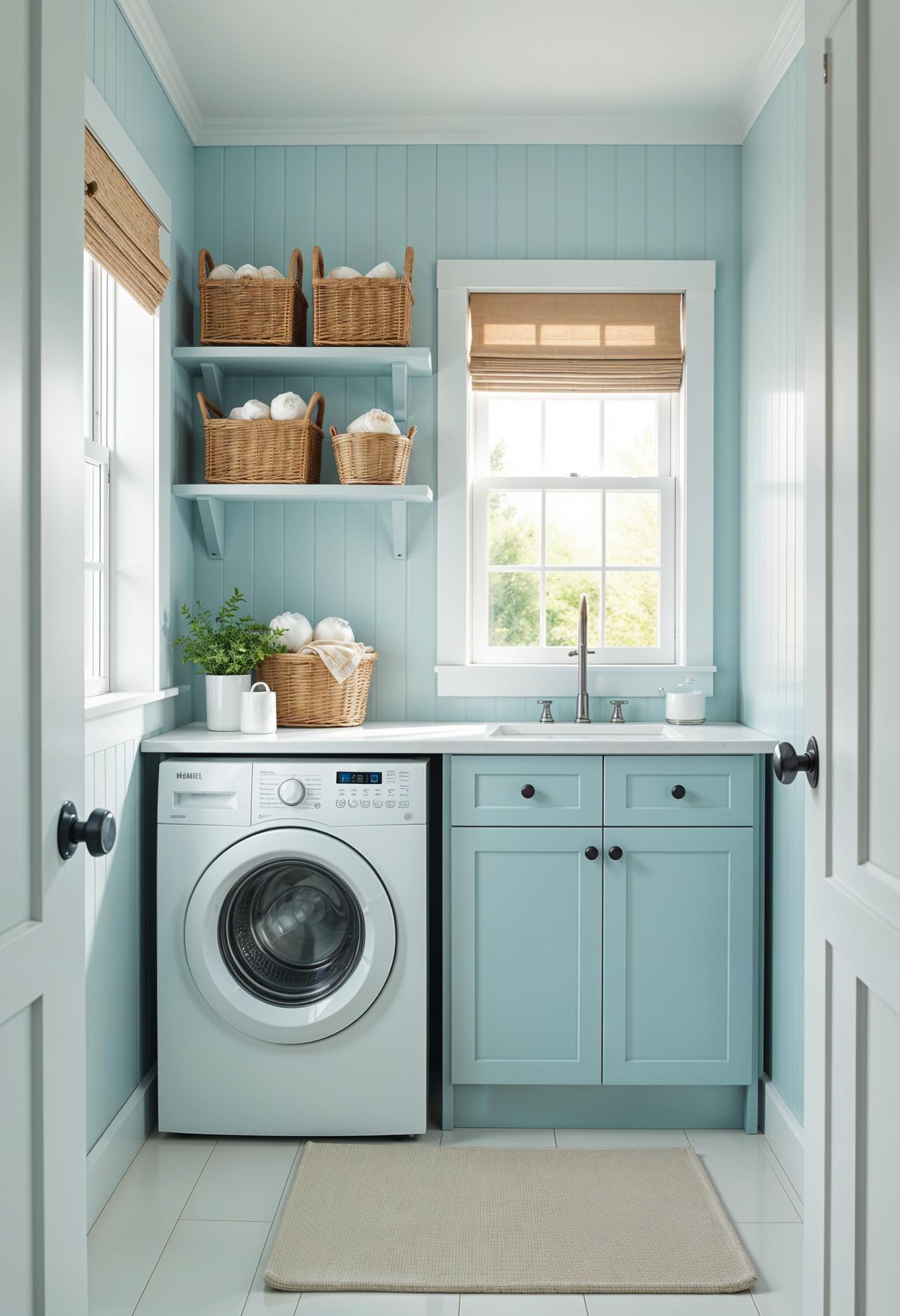 20 Genius Tiny laundry kitchen ideas: organization & stacked design 38 14. Coastal-inspired laundry room with light blue beadboard walls-1
