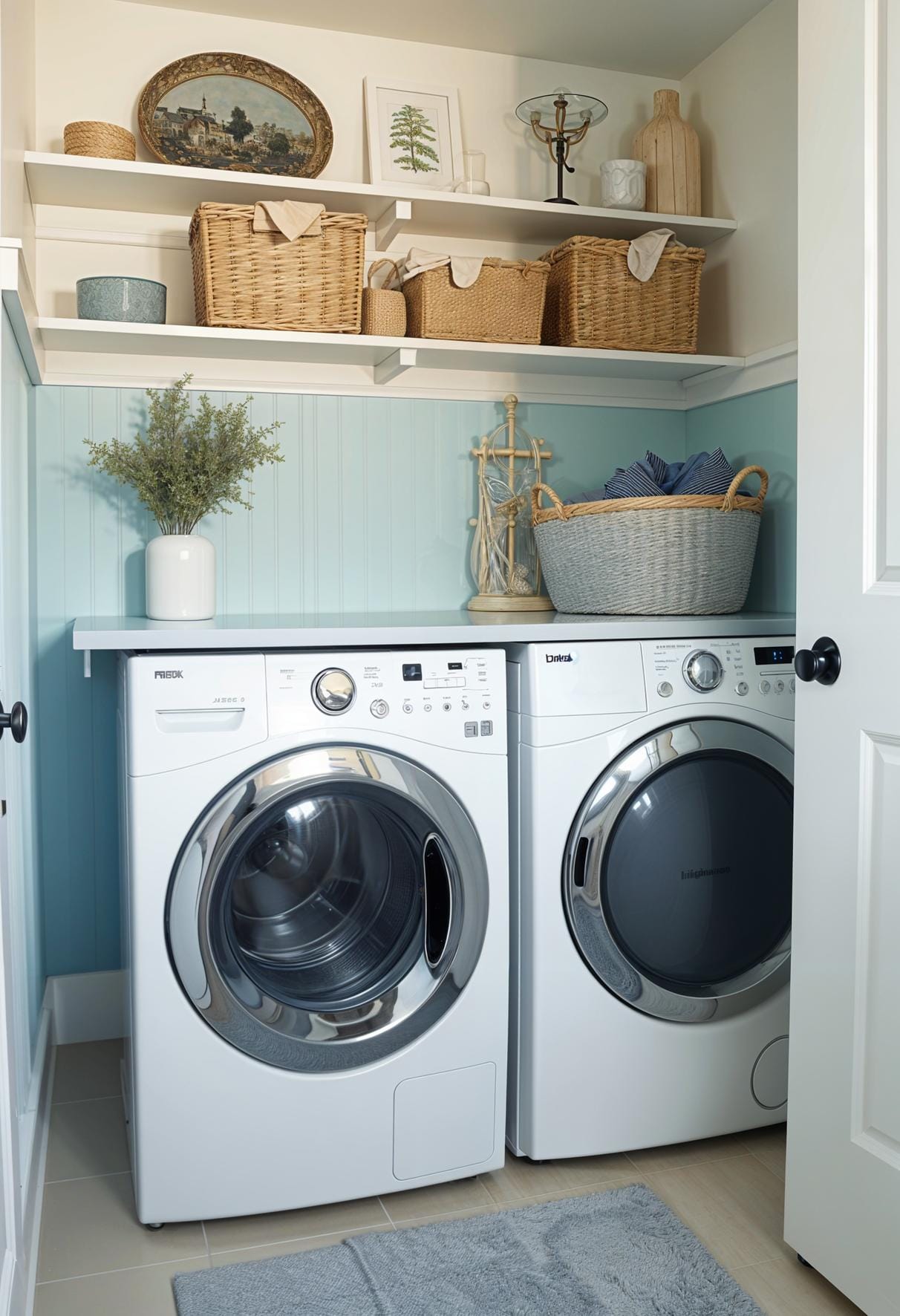 20 Genius Tiny laundry kitchen ideas: organization & stacked design 39 14. Coastal-inspired laundry room with light blue beadboard walls-2