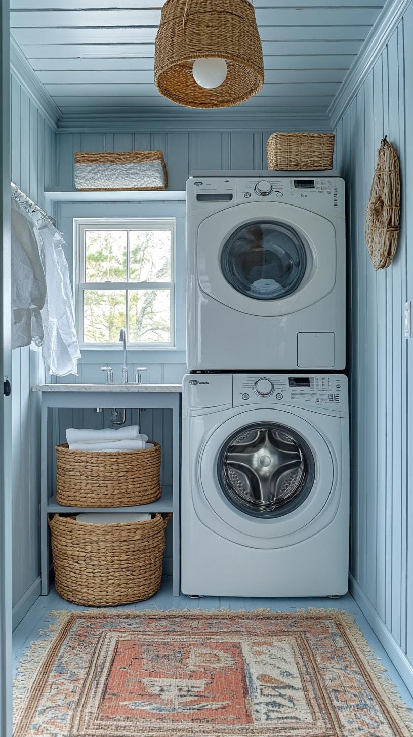 20 Genius Tiny laundry kitchen ideas: organization & stacked design 40 40 14. Coastal-inspired laundry room with light blue beadboard walls 3