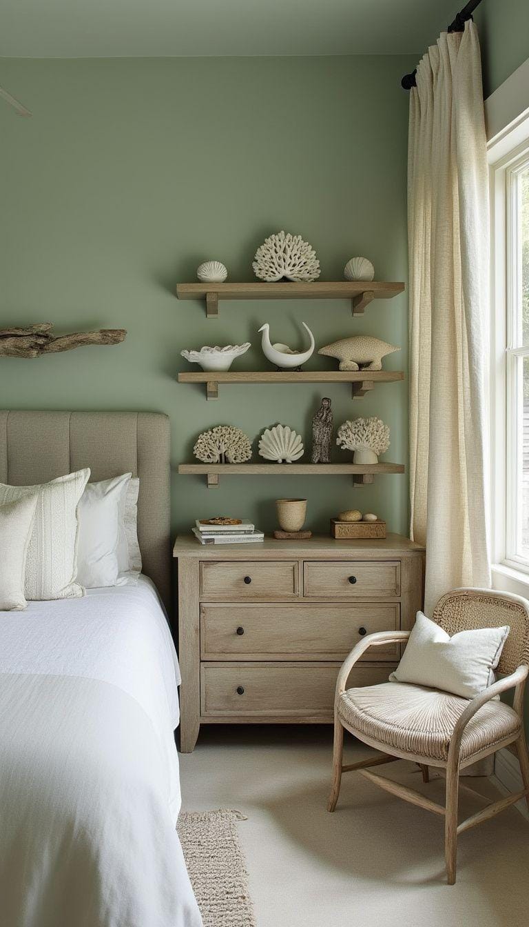 25 Trendy Sage Green Schlafzimmer Ideen für 2025 21 7. Küstenoase mit weisen grünen Wänden und Driftwood Accessoires-0