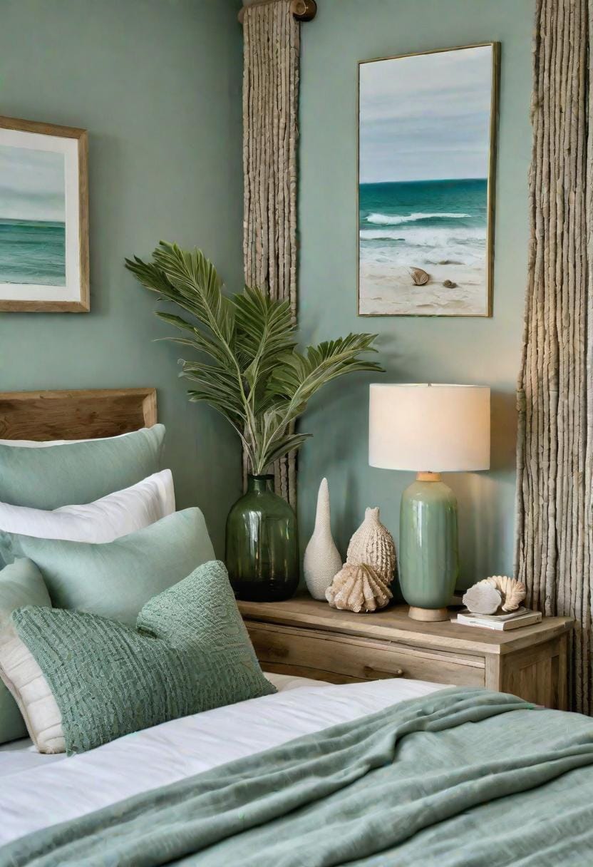 25 Trendy Sage Green Schlafzimmer Ideen für 2025 22 7. Küstenoase mit Salbeigrünmwänden und Driftwood Accessoires-1