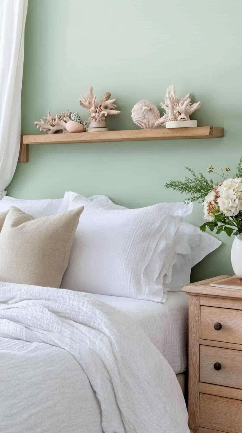 25 Trendy Sage Green Schlafzimmer Ideen für 2025 23 7. Küstenoase mit weisen grünen Wänden und Driftwood Accessoires-2