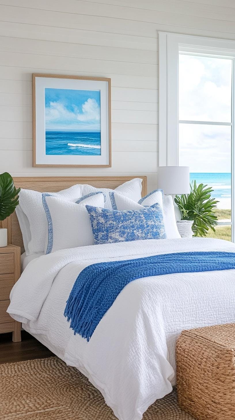 21 modern bedroom ideas for your 2025 makeover 38 11. Coastal Retreat mixture airy white, sea epired blues and driftwood details-1