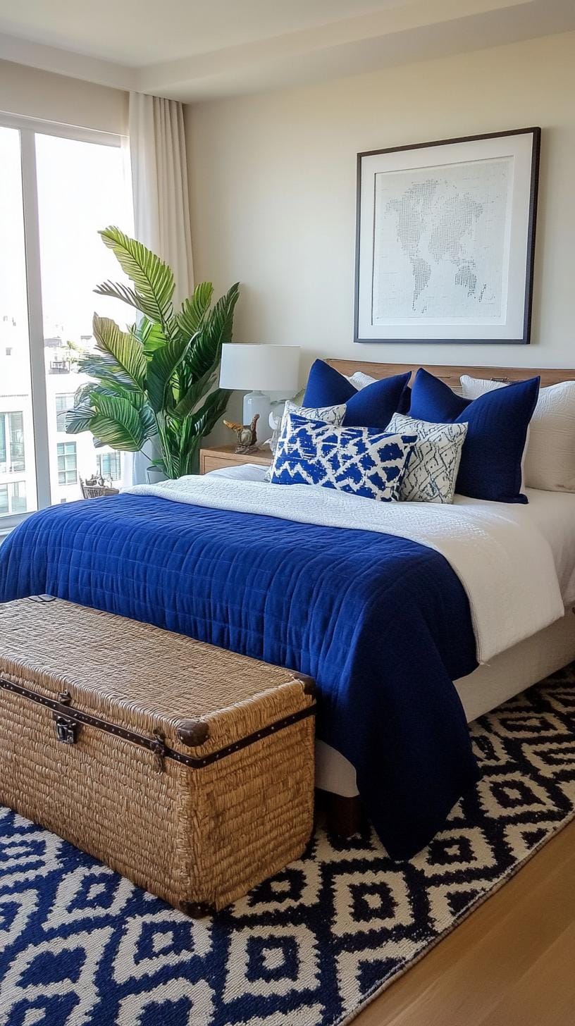 21 Best Blue Boho bedroom ideas to inspire you 25 7. Cobalt Haven: Combine cobalt blue bed linen with Moroccan carpet and vintage-travel chest-1