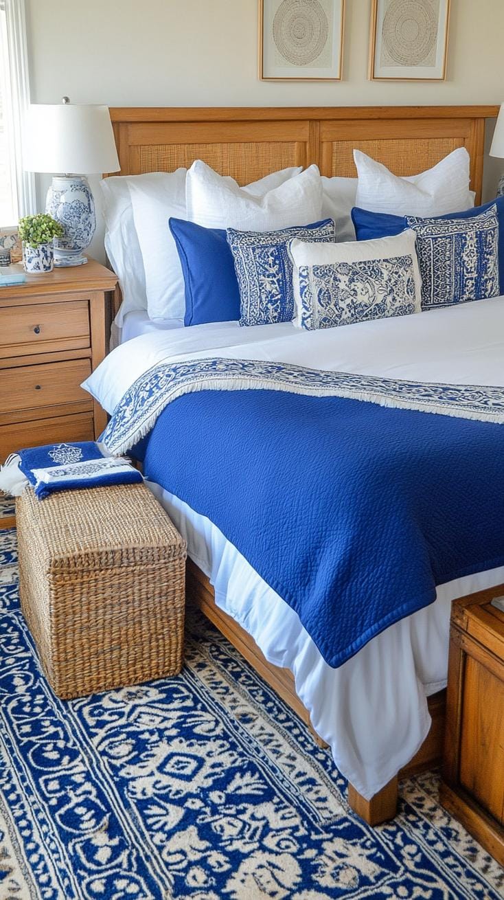 21 Best Blue Boho bedroom ideas to inspire you 26 7. Cobalt Haven: Combine cobalt blue bed linen with Moroccan carpet and vintage-travel chest-2