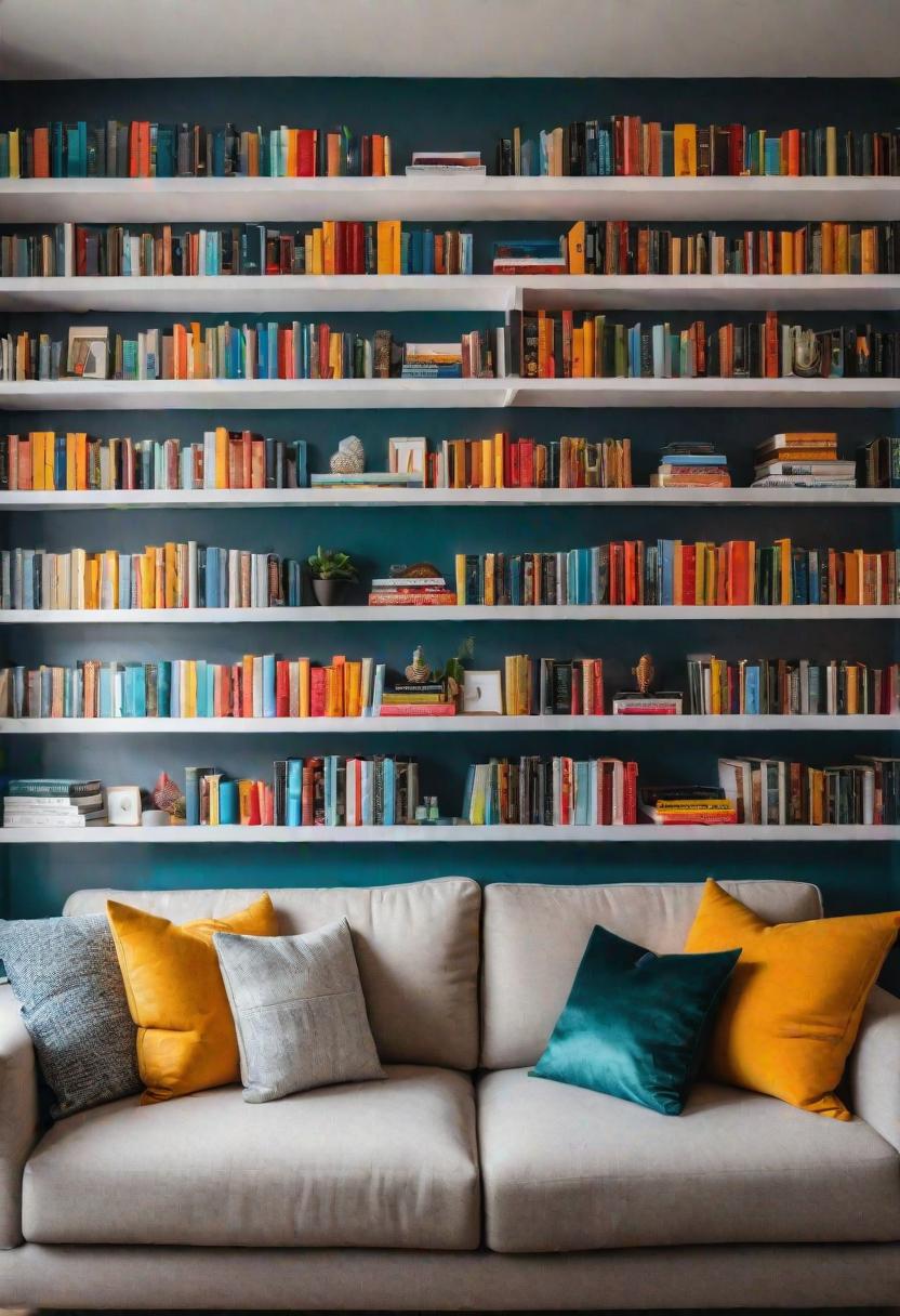 29 Kreativ über den Couch Decor -Ideen, um Ihr Wohnzimmer zu verändern 19 17. Farbkoordinierte schwimmende Bücherregale-0
