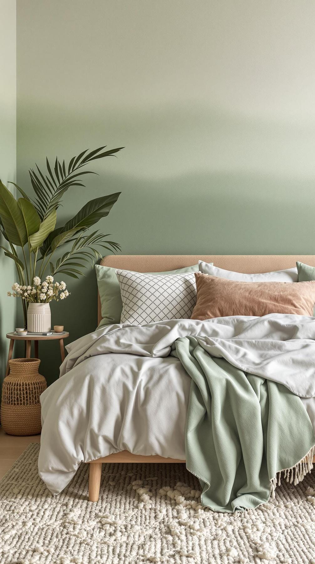 25 einzigartige Salbei grüne Boho Schlafzimmer Ideen für 2025 30 10. Farbwäsche: Experimentieren Sie mit einer Mischung aus Salbei mit anderen Pastellfarben, um einen ruhigen Gradienteneffekt über Wände und Textilien zu erzeugen.