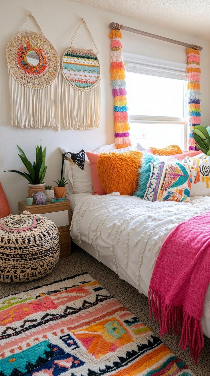 20 beautiful Boho bedroom for teenagers: ideas for 2025 57 19. Colorful pearl curtains: Use pearl or tassel curtains for cupboard doors to improve the boho look with Laune-0
