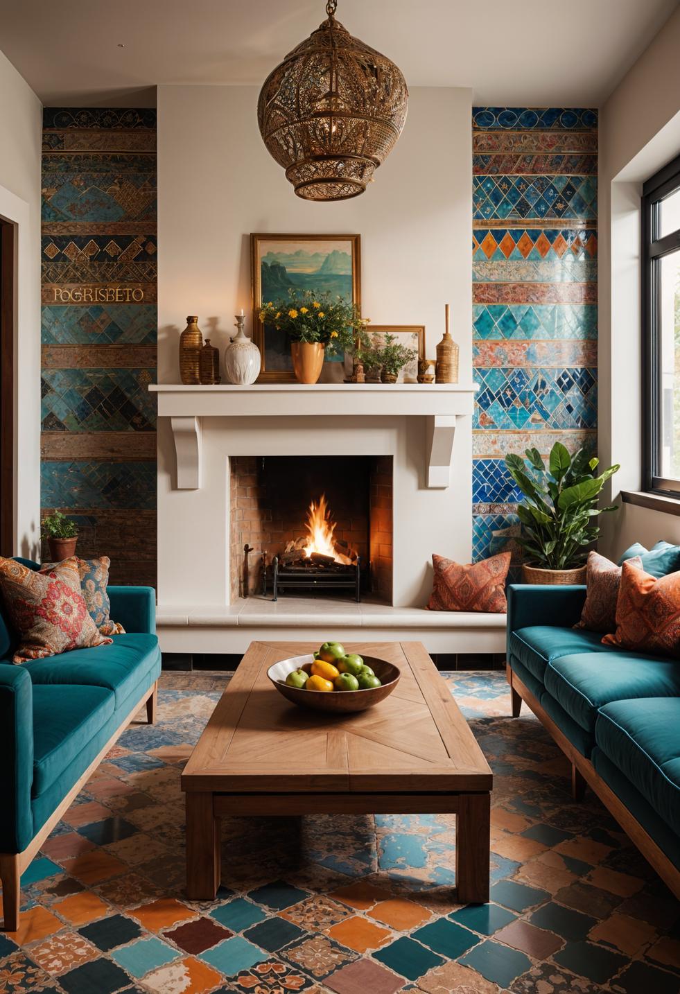 45 Chic & Modern Boho Living Room Ideas To Copy 34 13. Colorful Moroccan Tile Fireplace Renovation-0