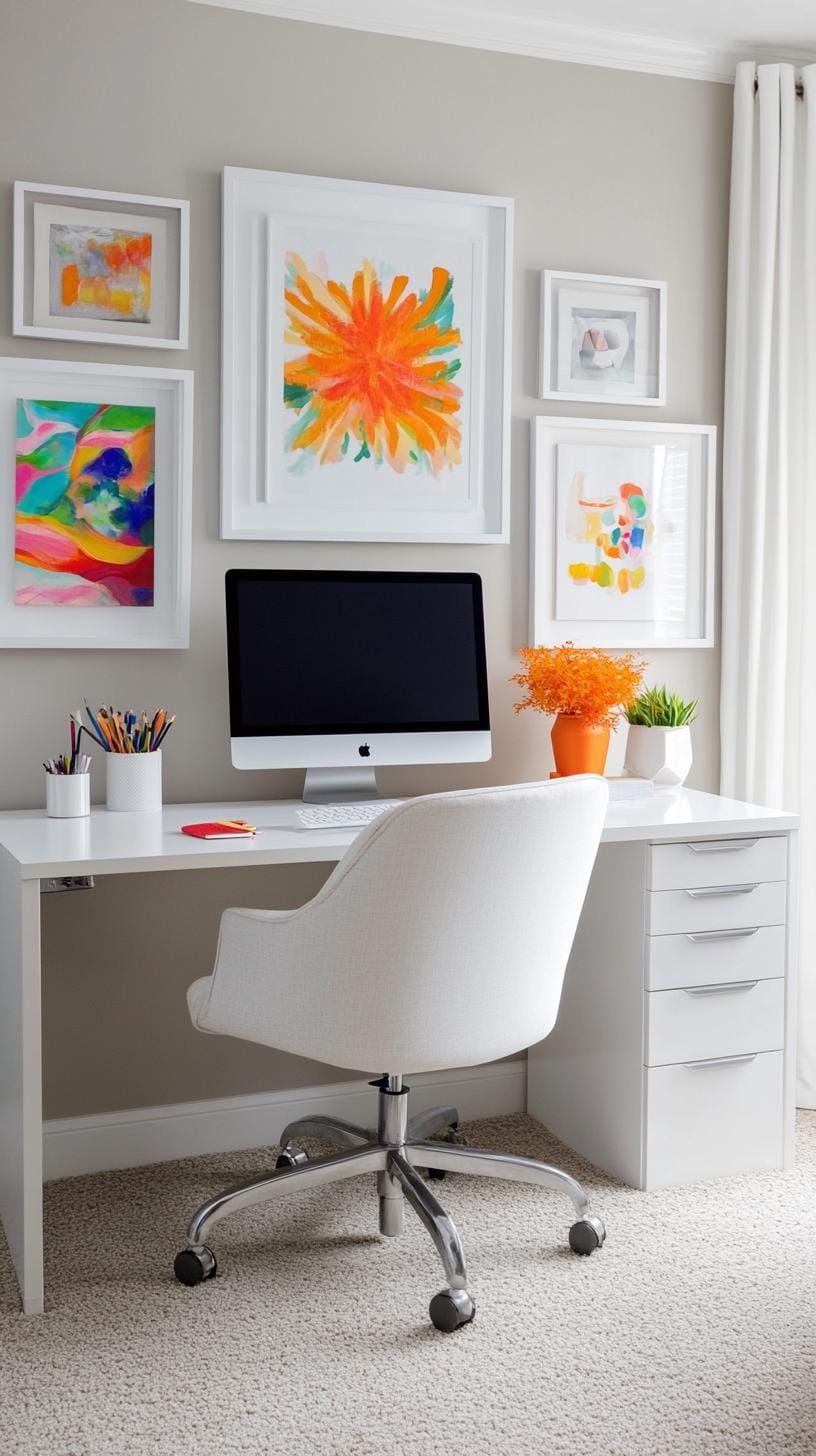 31 Home Office Ideas to Upgrade Your Work From Home Setup 48 17. Colorful gallery wall above a simple desk-0