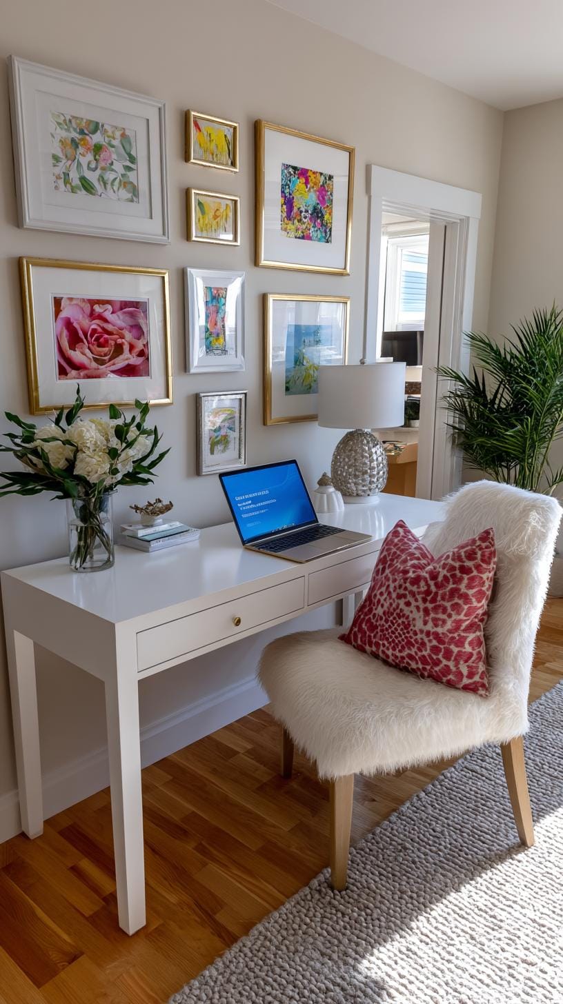 31 Home Office Ideas to Upgrade Your Work From Home Setup 49 17. Colorful gallery wall above a simple desk-1