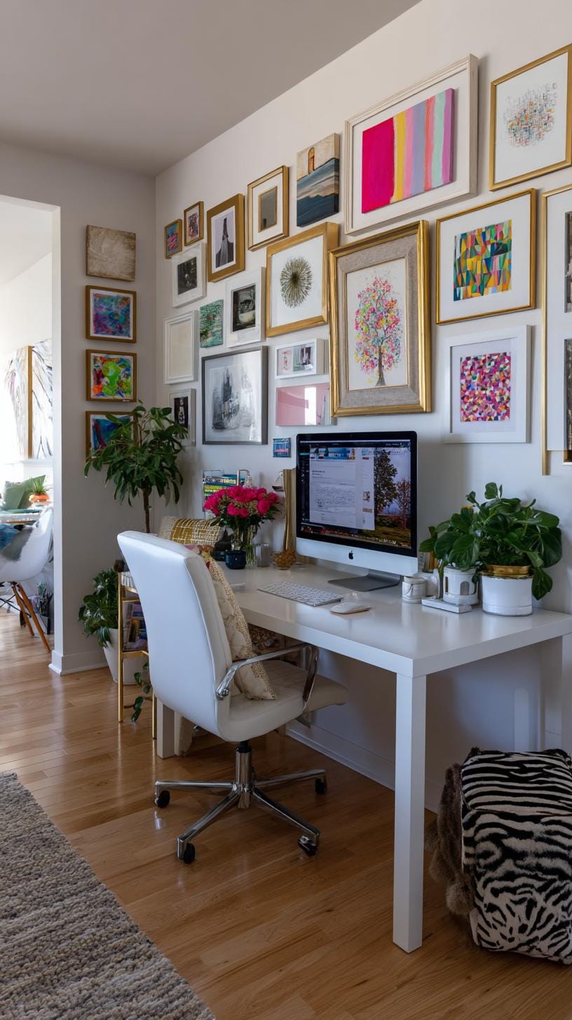 31 Home Office Ideas to Upgrade Your Work From Home Setup 50 17. Colorful gallery wall above a simple desk-2