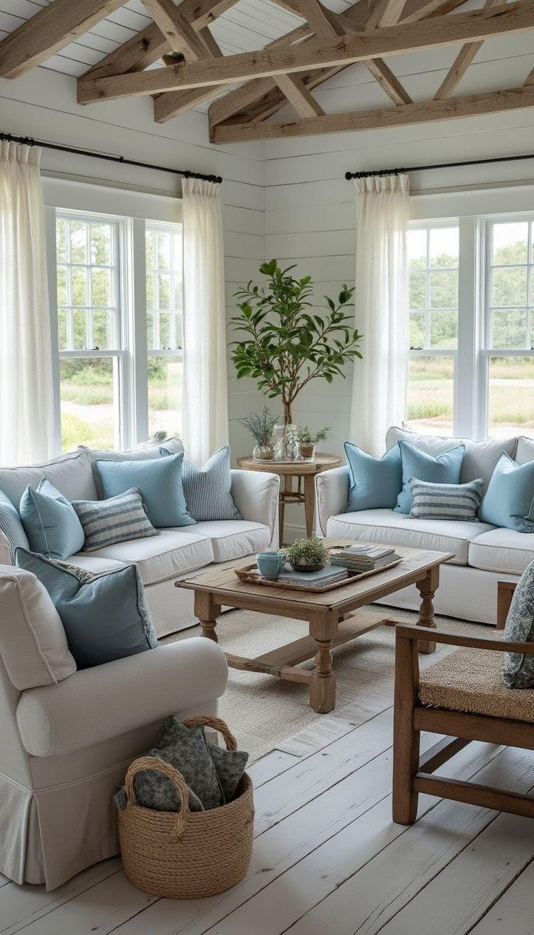 20 unique coastal farmhouse living room ideas, the WoW 3 1. Combine weathered wooden furniture with soft blue shades for a rustic and quiet coastal feeling-0