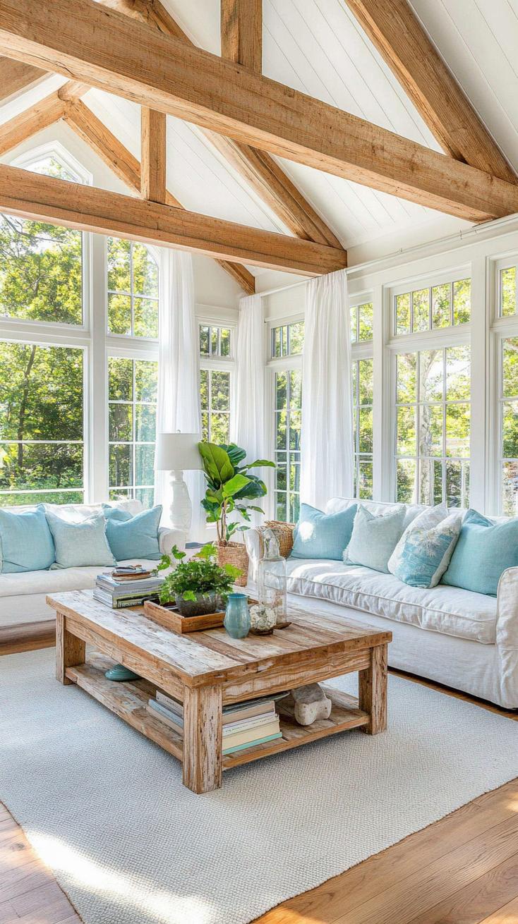 20 unique coastal farmhouse living room ideas, the woW 4 1. Combine weathered wooden furniture with soft blue shades for a rustic and quiet coastal feeling-1