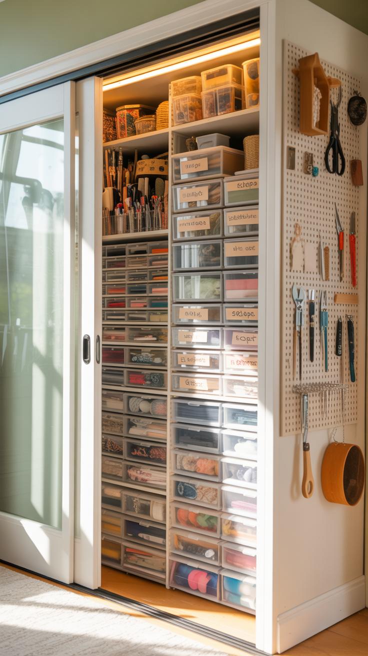 25 Bastelraumideen mit genialen Organisation und Dekor Tipps 40 13. Kompakter Bastelschrank mit Schiebetüren und Storage-1