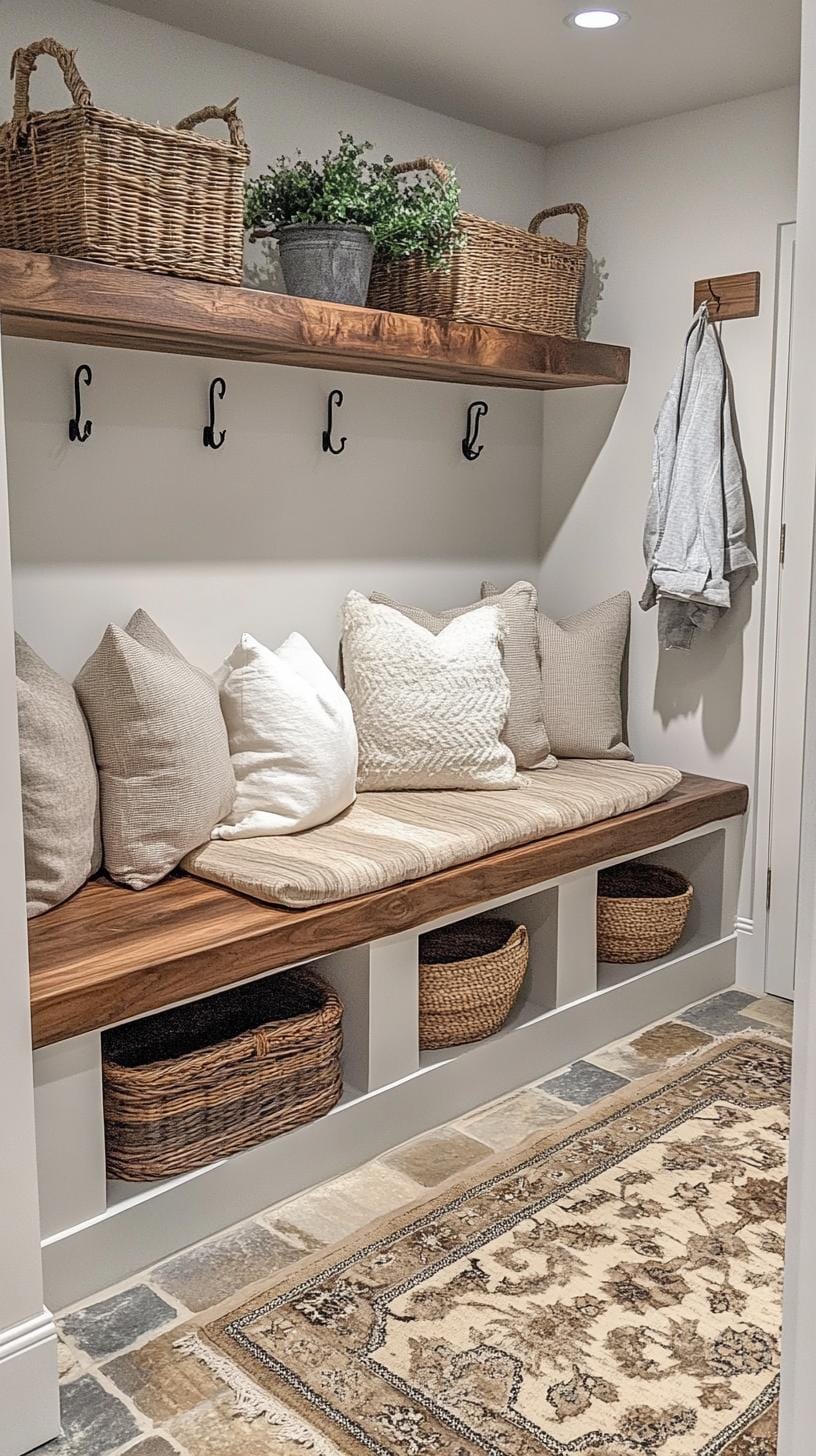 20 Genius Tiny laundry kitchen ideas: organization & stacked design 20 8. Compact Mudroom Laundry combination with built-in bank seat