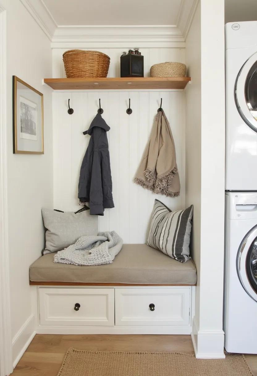 20 Genius Tiny laundry kitchen ideas: organization & stacked design 21 8. Compact Mudroom Laundry combination with built-in seating places-1