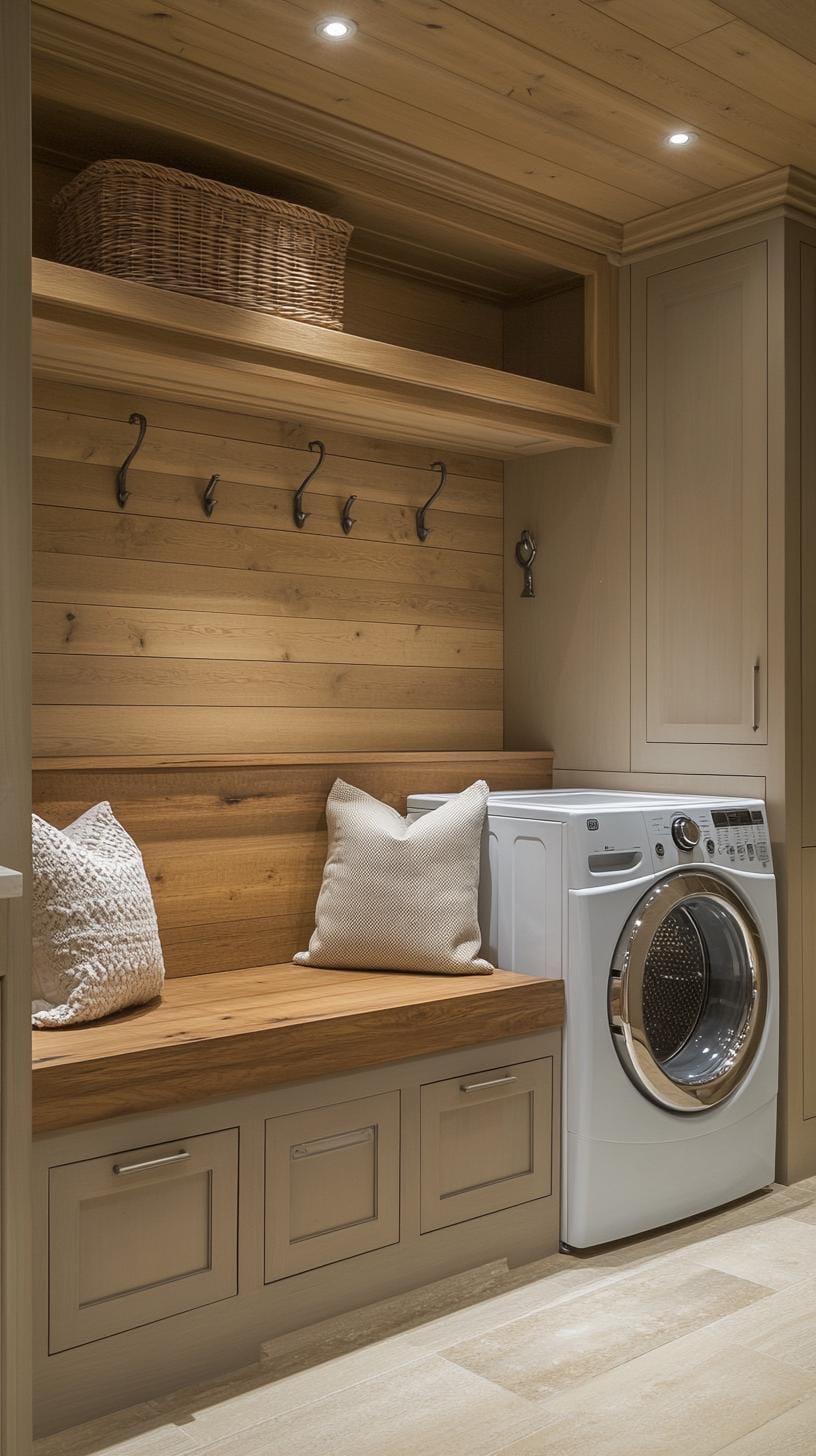 20 Genius Tiny laundry kitchen ideas: organization & stacked design 22 8. Compact Mudroom Laundry combination with built-in bank seat 2