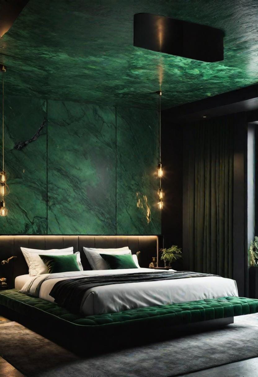 20 elegant black and green bedroom ideas that you have to see 58 19. Contemplative caves: Design a cave-like ambience with dark green stone walls and black ceiling devices-0