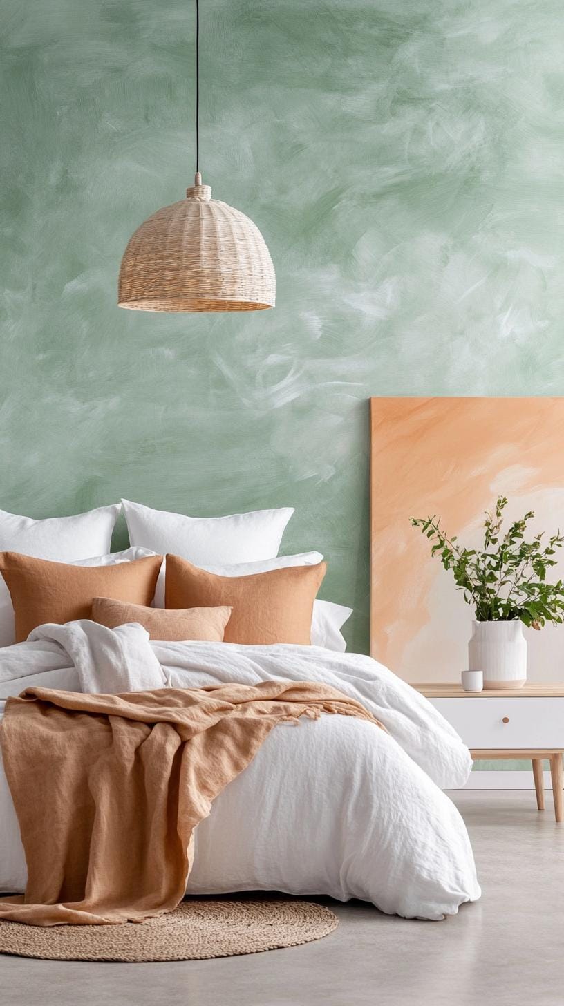 25 Trendy Sage Green Schlafzimmer Ideen für 2025 61 19. Setup von Contemporary Art-Lieber mit großen grünen Wandgemälden und einfachen Linien-0
