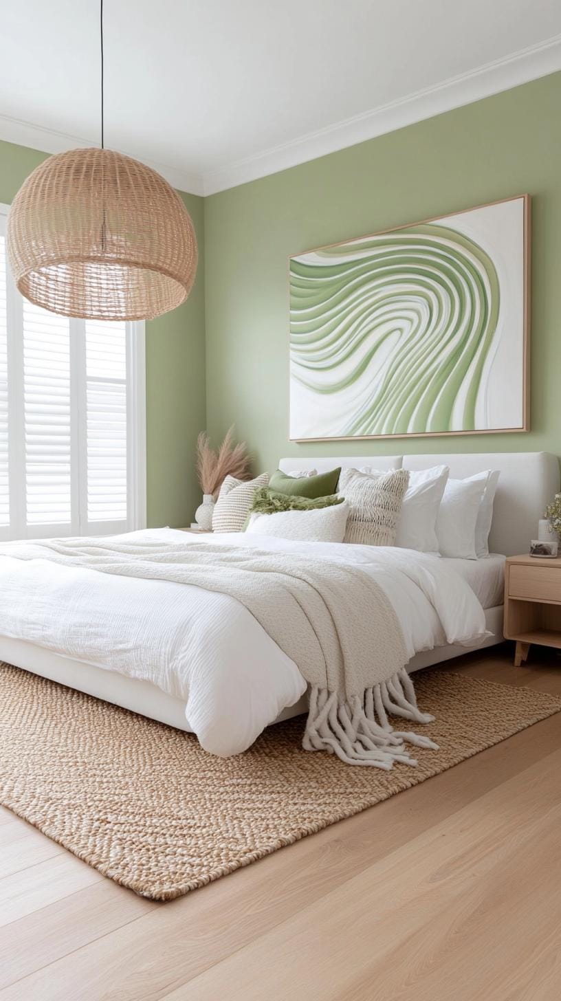 25 Trendy Sage Green Schlafzimmer Ideen für 2025 62 19. Setup von Contemporary Art-Lieber mit großen Salbeigrün-Wandgemälden und einfachen Linien-1