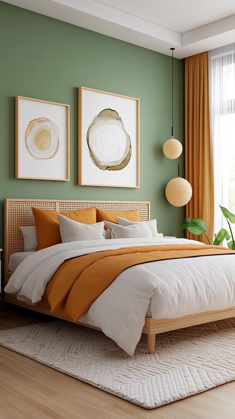 25 Trendy Sage Green Schlafzimmer Ideen für 2025 63 19. Setup von Contemporary Art-Lieber mit großen grünen Wandgemälden und einfachen Linien-2