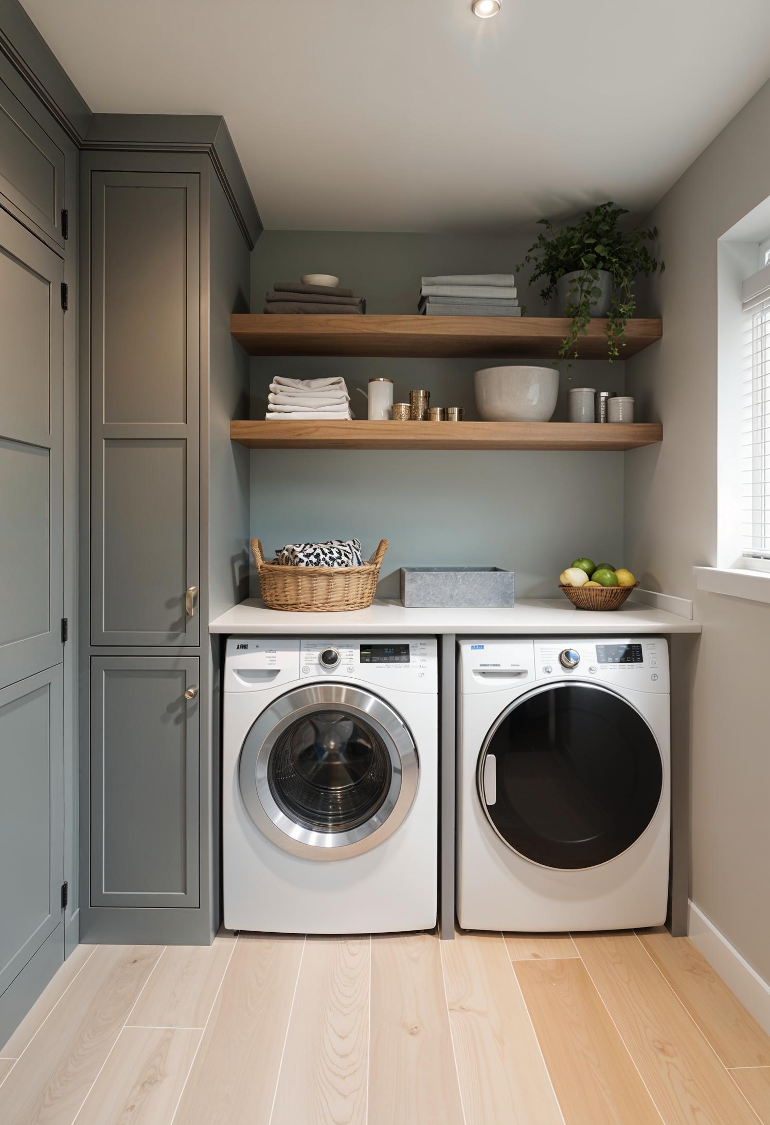 20 Genius Tiny laundry kitchen ideas: organization & stacked design 56 20. Contemporary gray and wood tones with hidden device memory-0