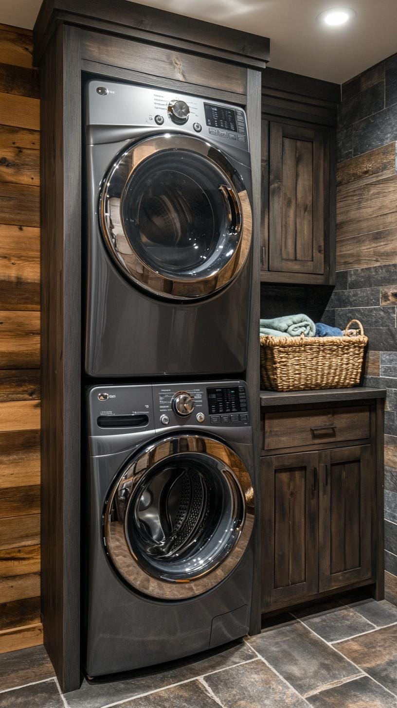 20 Genius Tiny laundry kitchen ideas: organization & stacked design 57 20. Contemporary gray and wood tones with hidden device memory-1