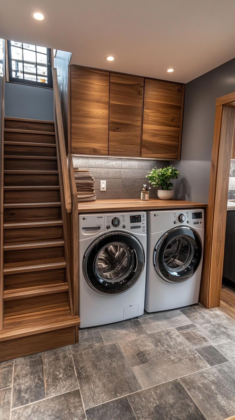 20 Genius Tiny laundry kitchen ideas: organization & stacked design 58 20. Contemporary gray and wood tones with hidden device memory-2