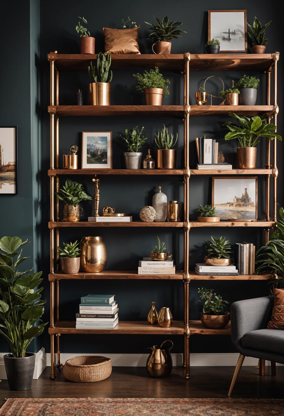 45 Chic & Modern Boho Living Room Ideas To Copy 66 29. Copper Pipe Shelving DIY-0