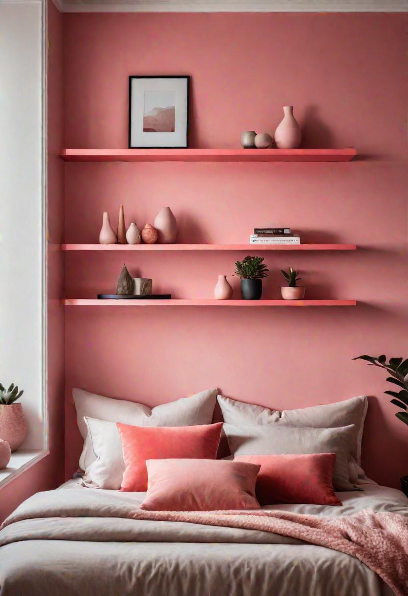 63 Luxurious Pink Bedrooms to Warm Up Your Space 14 12. Coral Pink Floating Shelves-0