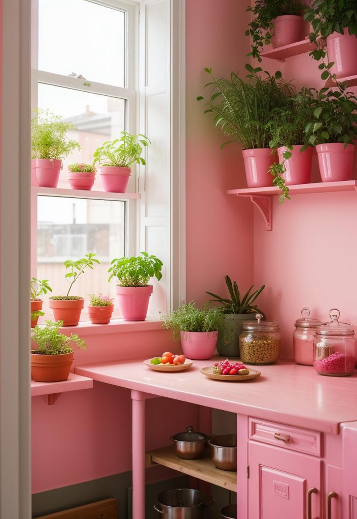 35 Charming Pink Kitchen Ideas: a Feminine Flair in Your Cooking Space 12 9. Coral Pink Herb Garden-1