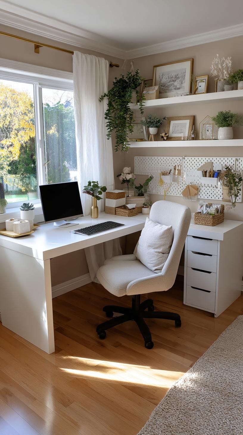 31 Home Office Ideas to Upgrade Your Work From Home Setup 3 1. Corner desk setup with pegboard and shelving-0