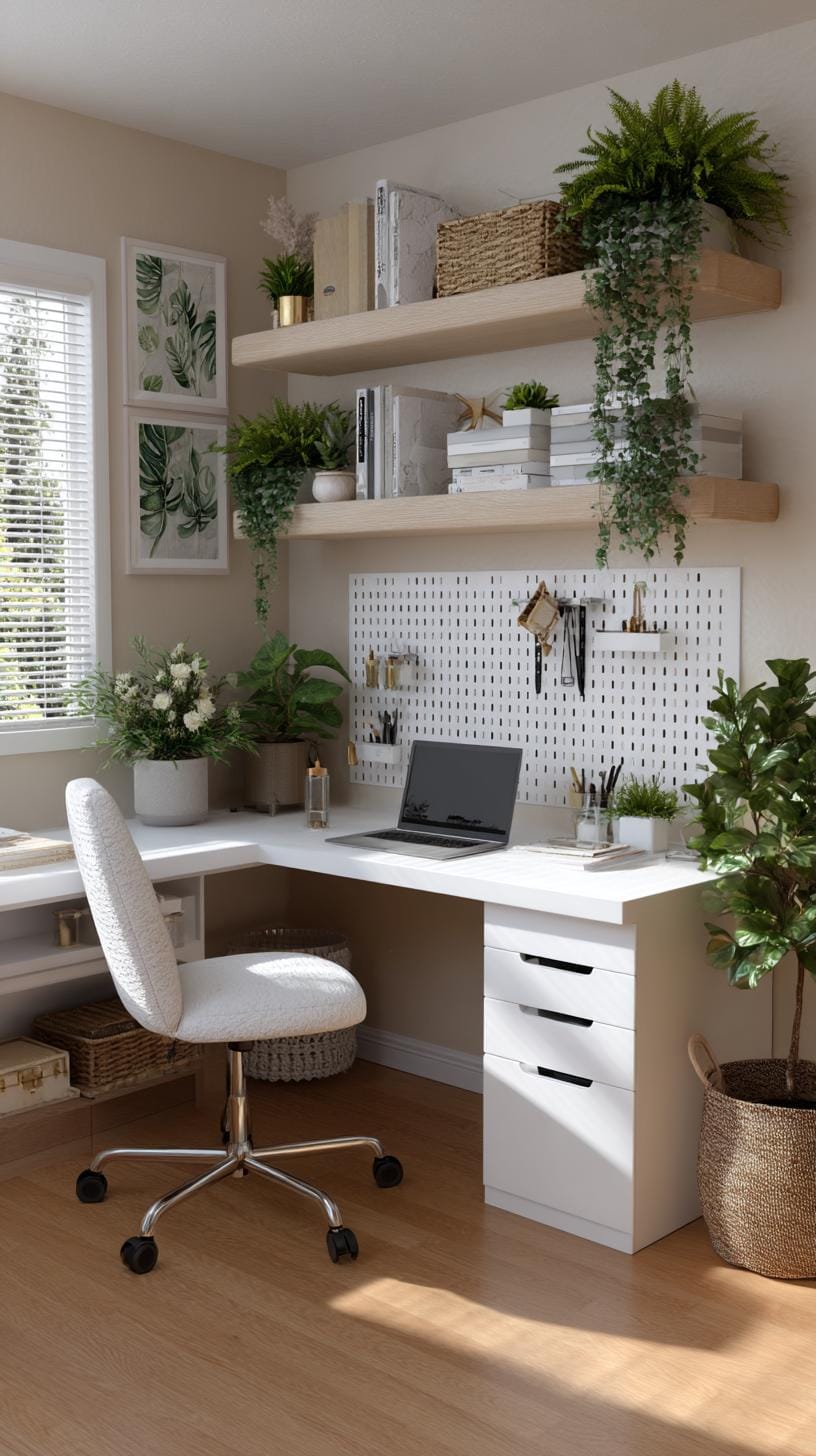 31 Home Office Ideas to Upgrade Your Work From Home Setup 4 1. Corner desk setup with pegboard and shelving-1