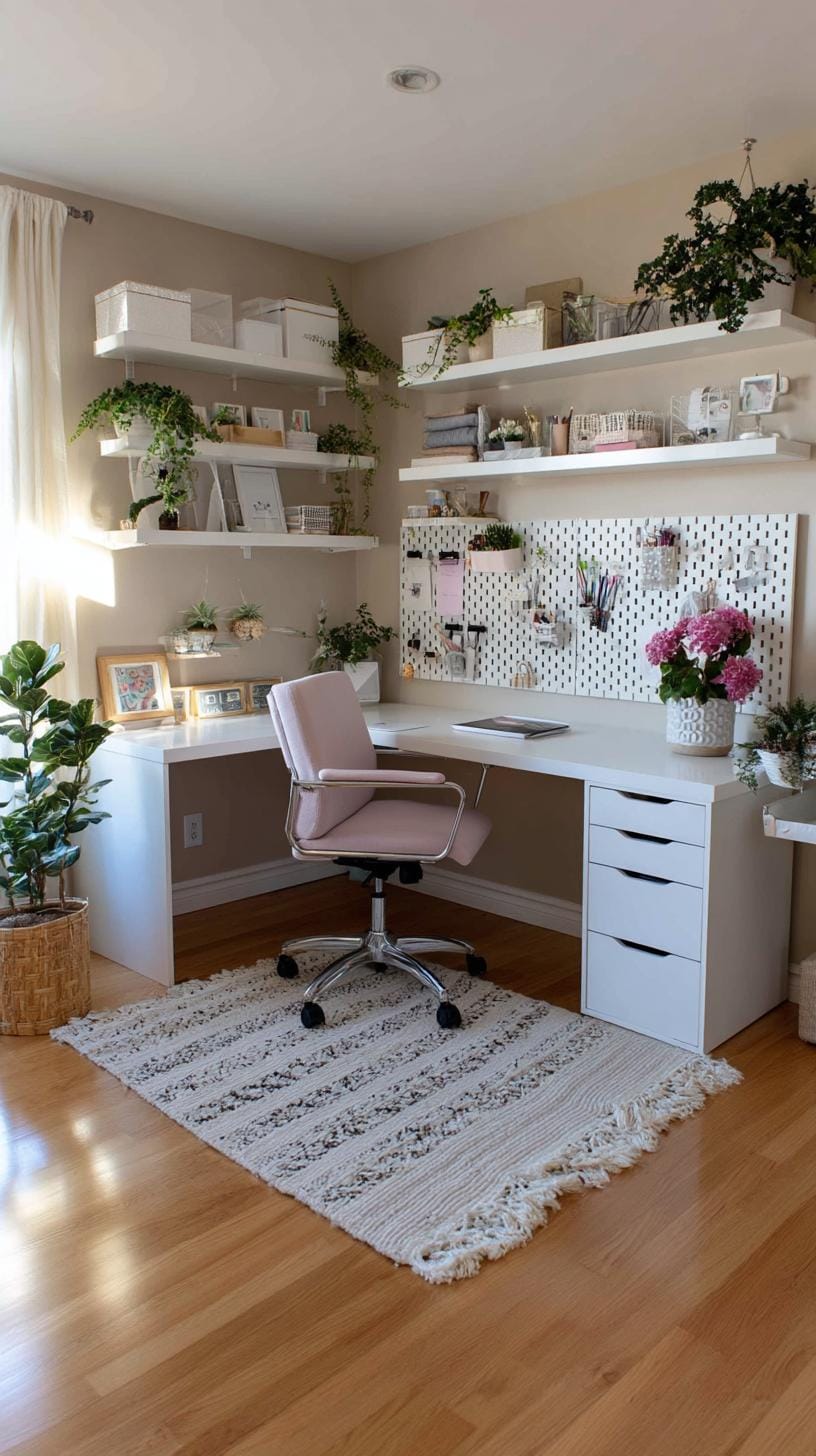 31 Home Office Ideas to Upgrade Your Work From Home Setup 5 1. Corner desk setup with pegboard and shelving-2